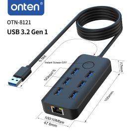 Onten OTN-8121 USB 3.2 Gen 1 6-Port 5G Hub with Ethernet card and One-click Lock Screen Button